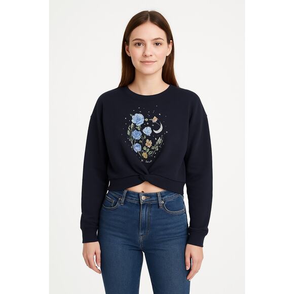 Cut & Paste Tops - Cut & Paste Black Floral Astrology Planets‎ Cropped Pullover Sweatshirt Size M